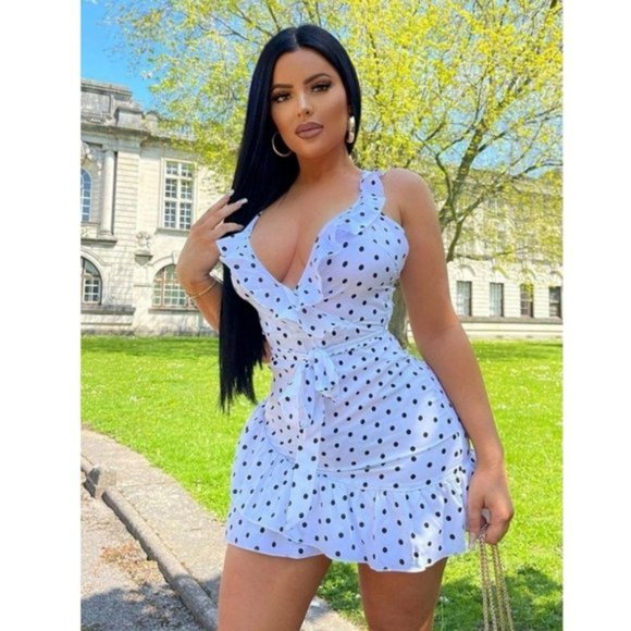 White Polka Dot V-Neck Sleeveless Backless Open Back Ruffle Mini Dress - Picture 4 of 14